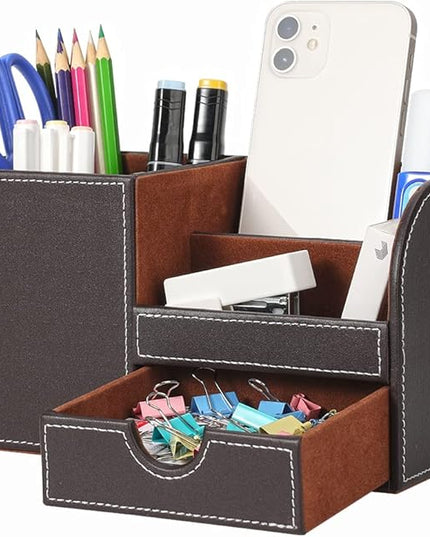 KINGFOM Desk Organizer Office Supplies Caddy Pu Leather Multi-function Storage Box Pen/Pencil,Cell phone, Business Name Cards Remote Control Holder with Small Drawer Brown