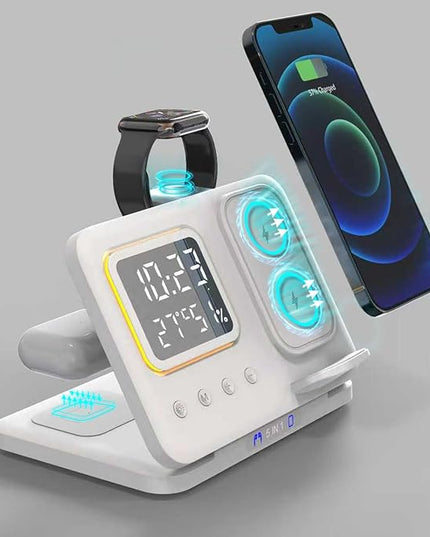 AYI 5in1 Multi Functional Wireless Charging Station with Digital Clock 15W Fast Charge Night Light Temperature Humidity Monitor Wireless Charger for All Qi Phone TWS Headphone and Apple Watch-White