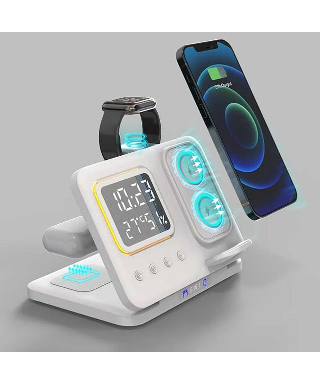 AYI 5in1 Multi Functional Wireless Charging Station with Digital Clock 15W Fast Charge Night Light Temperature Humidity Monitor Wireless Charger for All Qi Phone TWS Headphone and Apple Watch-White