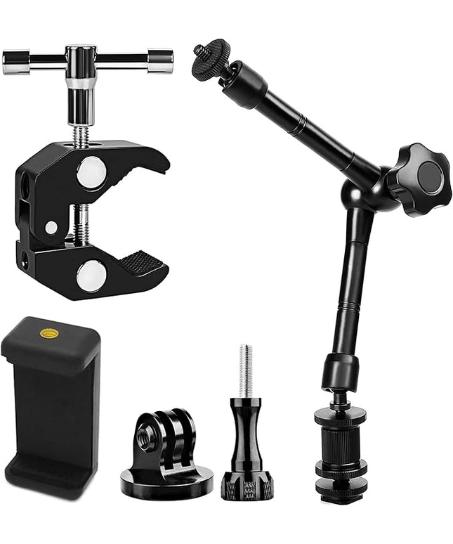 Magic arm Camera Mount ，articulating arm- 11 Inch Metal Adjustable Friction Articulated arm with Super Clamp/Phone Clip, for Various Action Camera/DSLR/LCD Monitor/LED Lights/Cell Phone