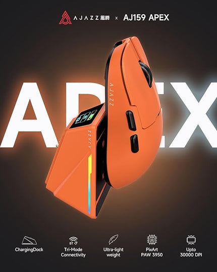 AJAZZ AJ159 APEX Wireless Gaming Mouse 2.4G Wired BT|RGB Magnetic Screen Charging Dock|Lightweight|42K Optical Tracking|400mAh Battery |PAW3950APEX Sensor.