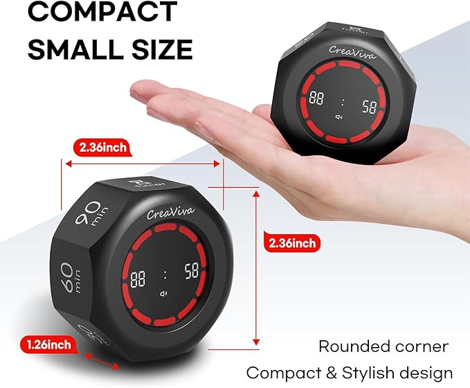 Pomodoro Timer, Flip Cube with 7 presets Countdown, Count up, Rechargeable Small Portable Visual Focus Stopwatch for ADHD, Kids, Classroom, Kitchen, Work, Study, Productivity (Space Grey)