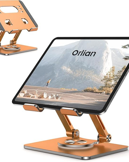 Tablet Stand Holder with Thickened 360°Rotating Base Dual Rod Adjustable Aluminum Stand for All 5.8-12.9” iPad Samsung Phone Tablet Kindle E-Reader and More, Rose