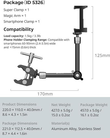 SmallRig Clamp w/ 1/4" and 3/8" Thread Holes, 9.8 Inches Adjustable Friction Power Articulating Magic Arm with Phone Holder for Action Cameras, Smartphones, LCD Monitor/LED Lights - 5326