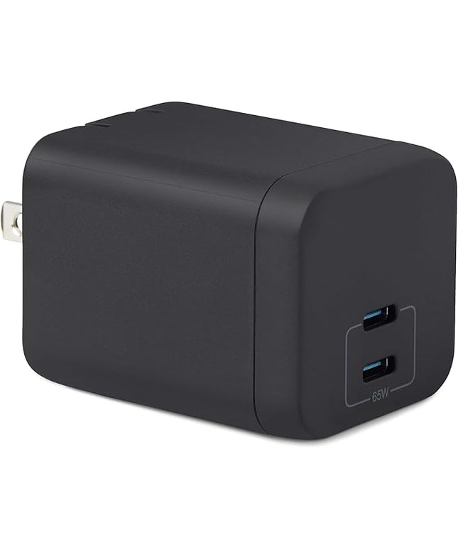 Amazon Basics Fast Charging USB C Nano GaN Wall Charger, 65W 2-Port for Laptops, Tablets, Phones, Black