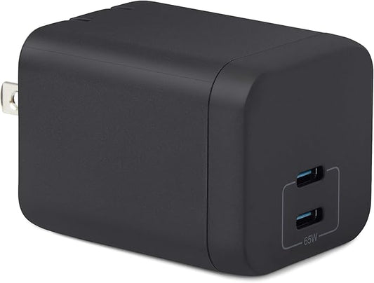 Amazon Basics Fast Charging USB C Nano GaN Wall Charger, 65W 2-Port for Laptops, Tablets, Phones, Black
