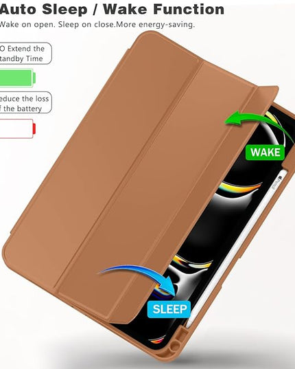 ZryXal iPad Pro 11 Inch Case (M5) 2025/ (M4) 2024 (Model: A2836/A2837/A3006), Trifold Stand Smart Cover with Pencil Holder and Soft TPU Back, Auto Wake/Sleep (New Brown)