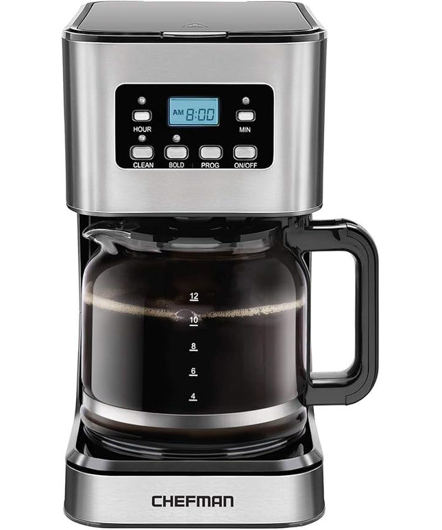 Chefman 12-Cup Programmable Coffee Maker, Electric Brewer, Auto Shut Off, Digital Display w/Auto-Brew Function, Anti-Drip Pot, Reusable Filter for Fresh Grounds, Square Stainless Steel, Glass Carafe