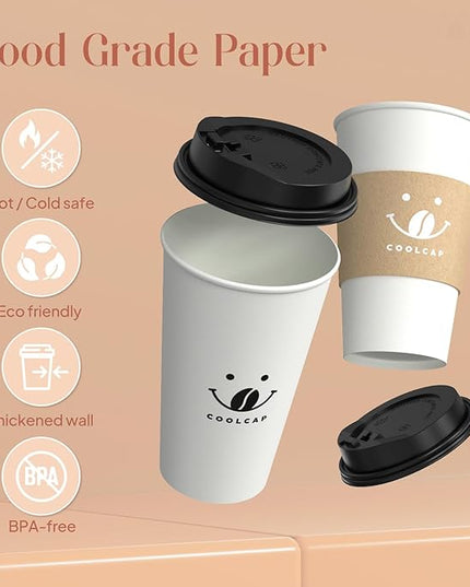 Coolcap Coffee Cups with Lids and Sleeves, 16 Ounce 100 pack To Go Coffee Cups with Lids, Disposable Hot Coffee Paper Cups Bulk for Hot Beverage (16 Ounce, White) | with Lids, and Sleeves, To Go Coffee Cups, with Lids, Bulk, for Hot Beverage