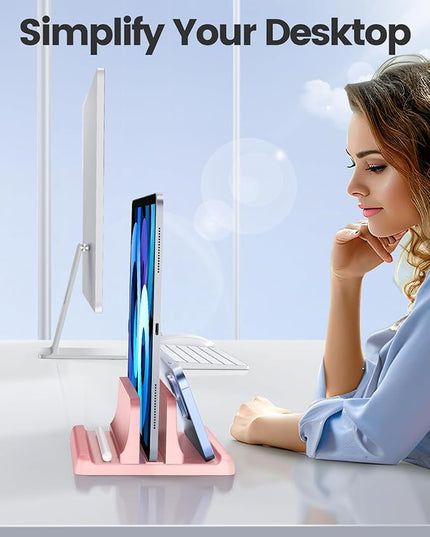 Vaydeer Vertical Laptop Stand Holder Plastic Adjustable Desktop Notebook Dock Space-Saving 3 in 1 for All MacBook Pro Air, Mac, HP, Dell, Microsoft Surface, Lenovo, up to 17.3 inches (Pink)