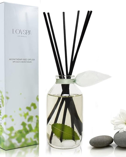 LOVSPA Reed Diffuser Set, Zen White Tea & Ginger Scented Oil Diffuser with Sticks, Home Fragrance Accessories for Bathroom Shelf Decor, Aroma Diffusers for Home or Office Desk, USA Made