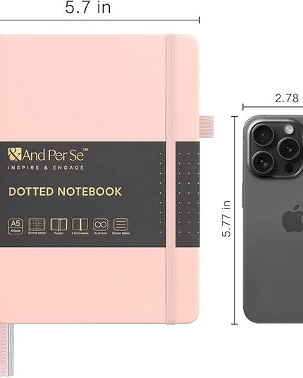 &And Per Se Dotted Journal Notebook, A5 Hardcover Leather Bullet Dotted Journal, 160 Pages 100 gsm Thick Paper，3 Sheets of Stickers Included - 5.7'' x 8''（Pink）