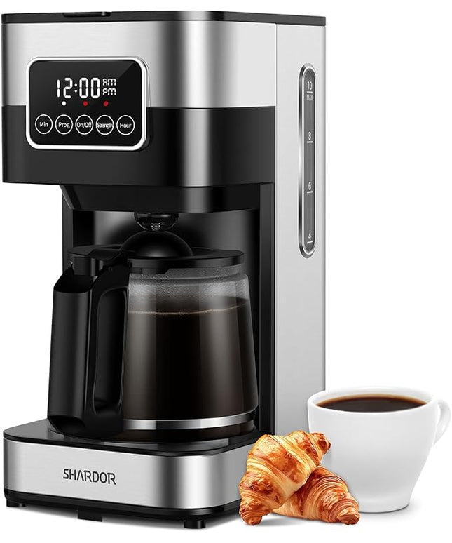SHARDOR 10-Cup Programmable Coffee Maker, Regular & Strong Brew Drip Coffee Machine for Home and Office, Auto Shut Off, Permanent Filter, Silver