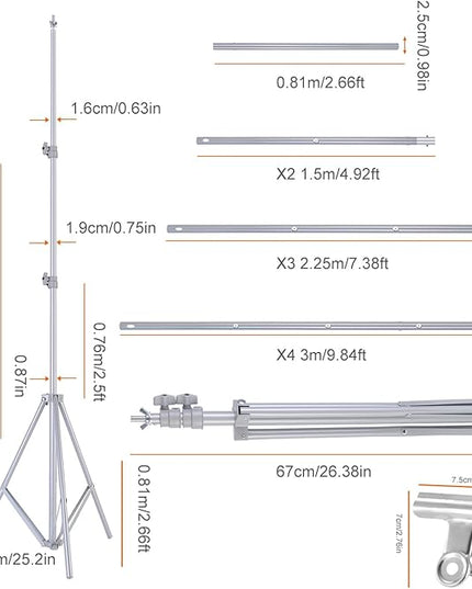 iMounTEK Backdrop Stand Photo Video Studio, 10Ft Wide Adjustable Backdrop Stand, Background Support System Kit with Clamps Carry Bag for Photography/Wedding/Party Decoration(Silver)