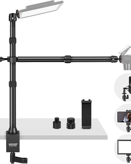 NEEWER TL253A+DS001 Table Camera Tripod with 2 Telescopic Arms, Phone Holder, Ball Heads, Screw Adapter, Table Light Stand for Camera, Mobile Phone, Webcam, Ring Light