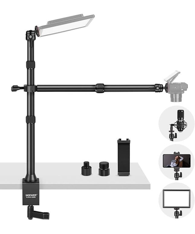NEEWER TL253A+DS001 Table Camera Tripod with 2 Telescopic Arms, Phone Holder, Ball Heads, Screw Adapter, Table Light Stand for Camera, Mobile Phone, Webcam, Ring Light