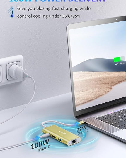 UtechSmart USB C Hub, USB C Ethernet Multiport Adapter, 6 in 1 USB C to HDMI Dock Compatible for MacBook Pro/Air, Chromebook, Dell XPS, HP (Gigabit Ethernet 100W PD 4K HDMI USB 3.0)(Gold), UCN3273