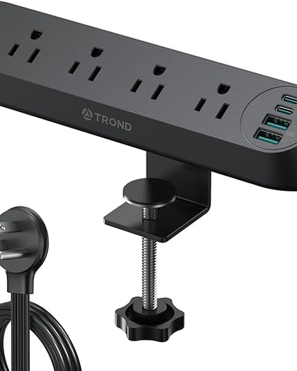 TROND Desk Clamp Power Strip USB C PD 20W - Flat Plug 10ft Extension Cord, Surge Protector with 4 AC Outlets 4 USB Ports, 1700J, ETL Listed, Fits 1.97 inch Tabletop Edge, for Home Office, Black