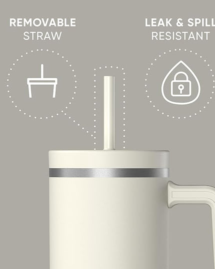 Hydrapeak Voyager 40 Oz Stainless Steel Tumbler with Handle, Insulated Water Bottle With Straw & Lid, Cupholder Friendly Reusable Travel Mug (Ivory)