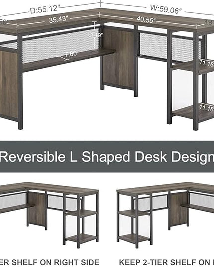FATORRI L Shaped Desk, Industrial Reversible Home Office Computer Desk with Wood Shelves, Corner Desks with Metal Legs (Walnut Brown, 59 Inch)