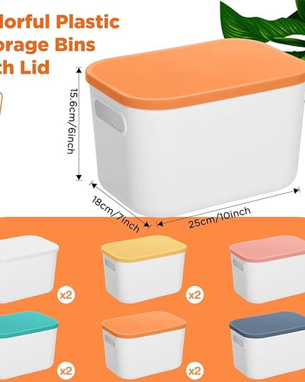 Thyle 12 Pack 7 Quarts Plastic Storage Bins for Christmas Storage with Lids Handles Colorful Stackable Desktop Box Bins with Label for Shelf Drawer,10 x 7 x 6 Inch (White)