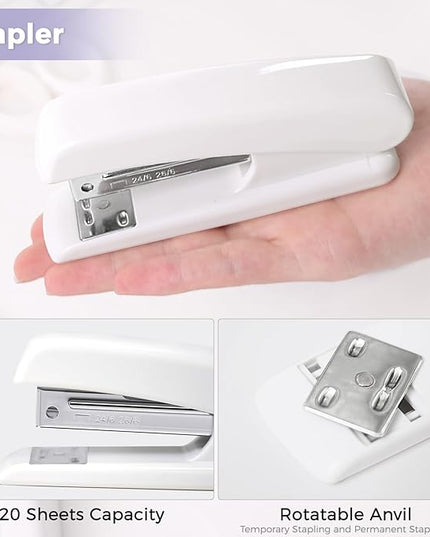 SKYDUE White Office Supplies Set, Desk Accessories, Stapler, Tape Dispenser, Scissors, Binder/Paper Clips and 1000pcs Staples, Office Decor for Women