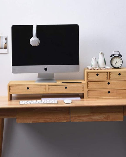 KIRIGEN Wood Monitor Stand with 2 Drawers - Computer Arm Riser Desk Storage Organizer,Speaker TV Laptop Printer Stand with Pen Slot and Cable Management,2-Tier Desktop Shelf NA-2PMJ