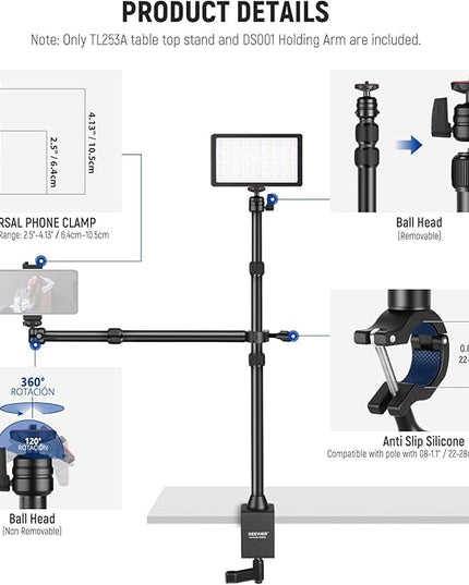 NEEWER Desk Stand with 2 Telescopic Boom Arms Phone Holder for Mic Camera Webcam Ring Light, Desktop Overhead Microphone Mount with C Clamp, Ball Heads, Screw Adapter, Cleaning Cloth, TL253A+DS001