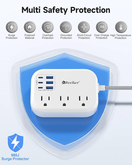 6 USB(3 USB C) Surge Protector Power Strip- Extension Cord 10 Ft with 24W USB Charging Station and 3 Outlets, Flat Plug Long Braided Extension Cord with Multiple Outlets for Home Office College Dorm