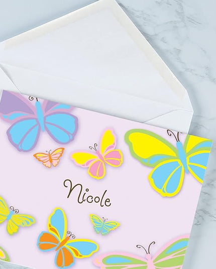 Butterfly Kids Personalized Note Cards - 24 Cards with White Envelopes, 4¼ x 5½ Inch Size, Blank Stationery, Add Names or Text, For Thank You Notes, Invitations, & Announcements
