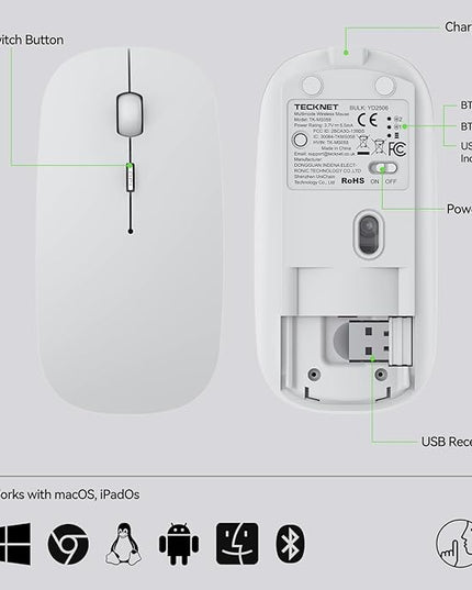 TECKNET Bluetooth Wireless Mouse, Rechargeable Silent Portable Computer Mouse, 6 Adjustable DPI, Dual Mode (Bluetooth 5.2/3.0 and 2.4G USB Receiver) for Laptop, iPad, MacBook, PC, Desktop, Android