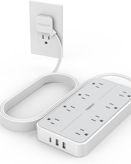 Power Strip Surge Protector 10 FT, TESSAN Flat Plug Extension Cord with 8 Outlets 3 USB Ports(1 USB C), 1080Joules Wall Mountable Multi Port Charging Station for Home Office Dorm Room Essentials