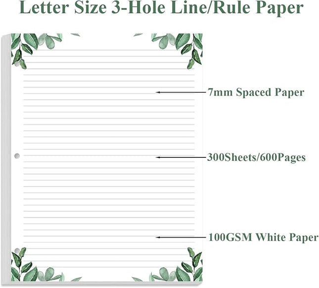 (3-Pack) Letter Size Lined Refill Paper, 3-Hole Punched Ruled Filler Paper, 300Sheets / 600Pages Loose-Leaf Line Paper, 100gsm White Paper, 8.5'' x 11'', Leaf