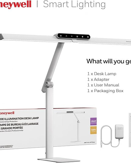 Honeywell LED Desk Lamp with Base - HJ1WT Sunturalux Eye-Caring Architect Desk Lamp for Home Office, 1200LM Computer Desk Light 4 Color Modes Stepless Dimming Task Desk Light with Timer Function White