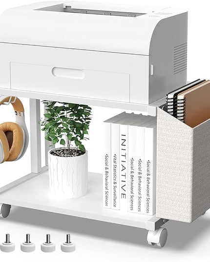 VEDECASA 2 Tier Modern White Wooden Under Desk Printer Stand with Storage Bag for Home Office Desktop Printer Table Organizer Mobile Printer Shelf Cart with Caster Wheel (White)
