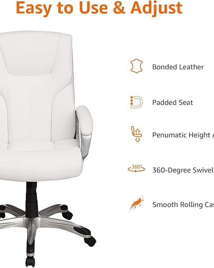 Amazon Basics Executive High Back Office Desk Chair, Adjustable Height, Tilt, Swivel, one Size, White/Pewter