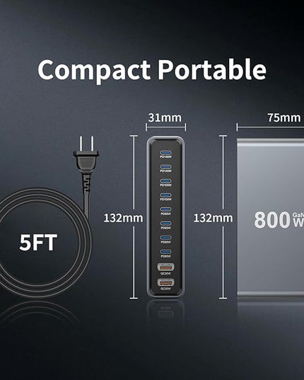 800W GaN3 10-Port USB-C Charging Station - Fast Charger for Laptops, Tablets, Smartphones, and More (Black)