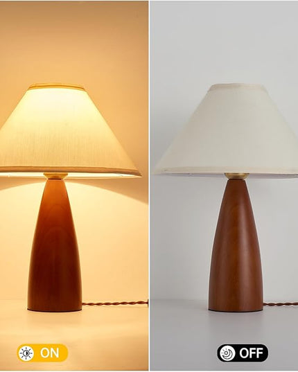 Bedside Table Lamp for Bedroom, Mid-Century Modern Plug in Fabric Shade & Solid Wood Base Desk Lamp, Plug & Play Red Wood Nightstand Lamp for Living Room, Office 【Bulb Included】