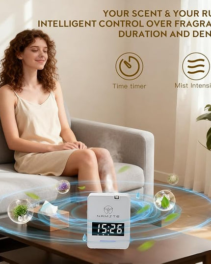Namste Waterless Diffuser - HVAC System Essential Oil Diffuser with Clock - Whole House & Hotel Coverage 3000 Sq. Ft, 300ML Scent Machine Smart Oil Level Monitoring, Bluetooth Control, Cold Air Tech