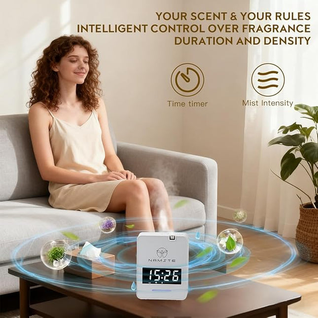 Namste Waterless Diffuser - HVAC System Essential Oil Diffuser with Clock - Whole House & Hotel Coverage 3000 Sq. Ft, 300ML Scent Machine Smart Oil Level Monitoring, Bluetooth Control, Cold Air Tech