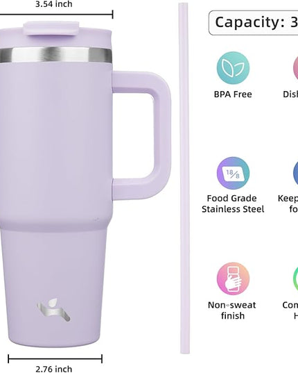 30 oz Tumbler with Handle and 2 Straws,2 in 1 Lid Insulated Water Bottle Stainless Steel Travel Coffee Mug,Wisteria