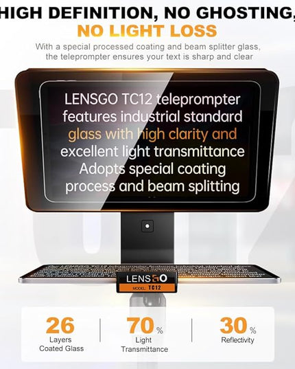 LENSGO 12.9'' Aluminum Teleprompter for iPad Tablet DSLR Cameras with Remote Control, App Compatible with iOS/Android,Professional Prompter for News/Broadcasting,Online Teaching,Live Streaming(TC12)