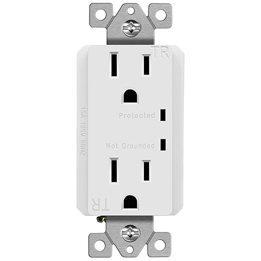 TOPGREENER Surge Protector Receptacle with Grounding Indicator, Child Safe, Tamper-Resistant, Self-Grounding, 900 Joules, 2-Pole, 15A 125V, UL Listed, TGTRSS215R, White