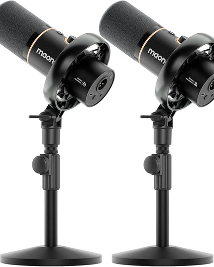 MAONO PD200W Hybrid Wireless Podcast Equipment Bundle for 2, XLR USB Dynamic Microphone Kit with 2 Desktop Stand, Software, Noise Cancellation, for Co-hosted podcast, Vocal Recording, Content Creation