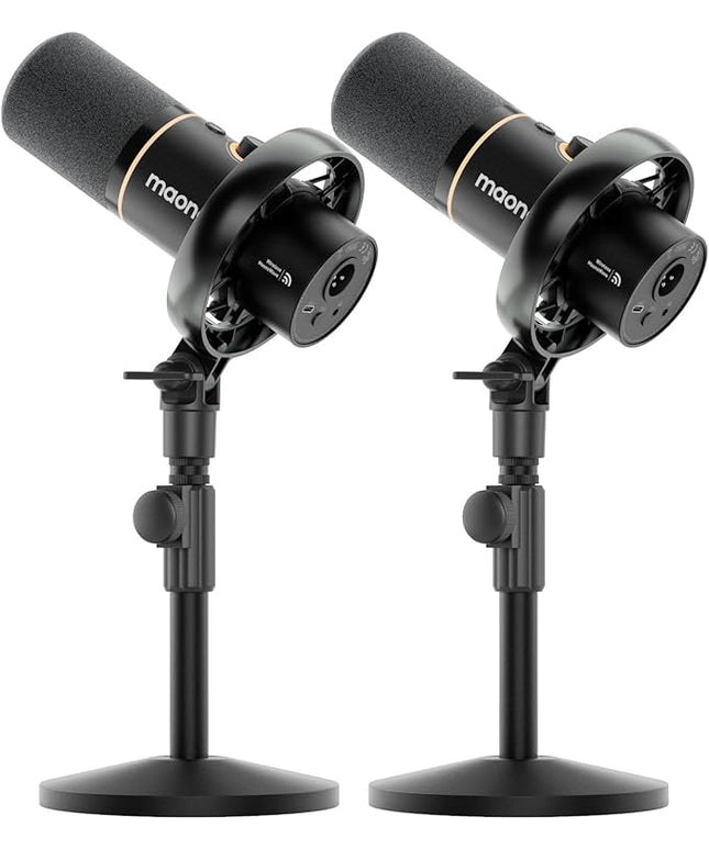 MAONO PD200W Hybrid Wireless Podcast Equipment Bundle for 2, XLR USB Dynamic Microphone Kit with 2 Desktop Stand, Software, Noise Cancellation, for Co-hosted podcast, Vocal Recording, Content Creation