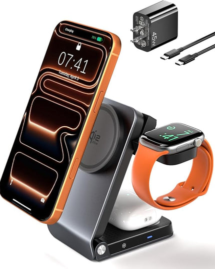 CloudValley 3-in-1 Magnetic Travel Wireless Charging Station, Qi2.2 25W Foldable Charging Stand with TEC Active Cooling Fan, Design for MagSafe iPhone 17/16, AirPods & Apple Watch（Adapter Included