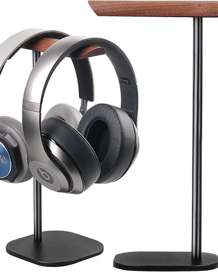 Gvoears Upgraded Headphone Stand, Walnut Wood Headphone Stands Headset Holder for Desk, Support Dual Headsets Suspension, Aluminum Alloy Support Rod Hanger, Dual Headphones Stand with Great Stablity