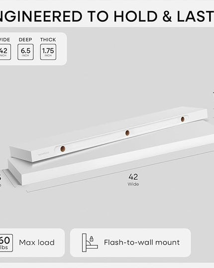 Homeforia White Floating Shelves 42 inch, High End Solid Real Wood 42inch Floating Shelf for Wall Mounted, White Wooden 42in Long Floating Shelves, Heavy Duty Bracket, 42 X 6.5 X 1.75 inches, Set of 3