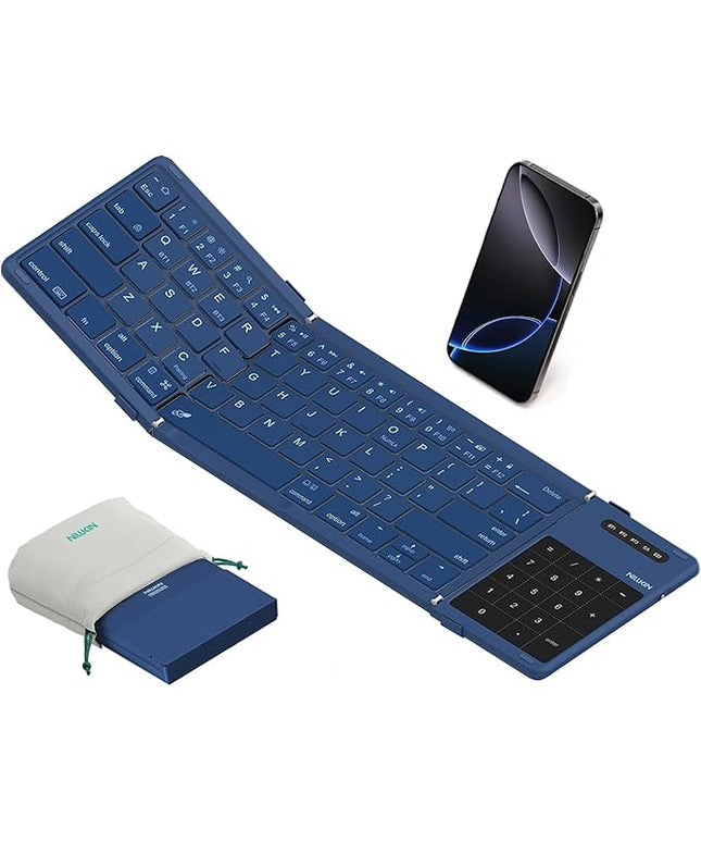 Nillkin Upgraded Foldable Bluetooth Keyboard with Touchpad & Number Pad, Portable Wireless Keyboard for Travel, Pocket-Sized, Full Size Keys, Support 3 Devices for iPad Laptop Tablets Phone, Blue
