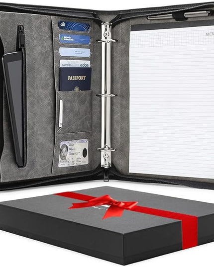Forevermore Portfolios Portfolio Organizer - 1.5" 3 Ring Binder with Notepad - Zippered Storage Pouch for Papers, Travel Documents, Presentation Folder with Pockets for Card, Passport, Tickets - Gray